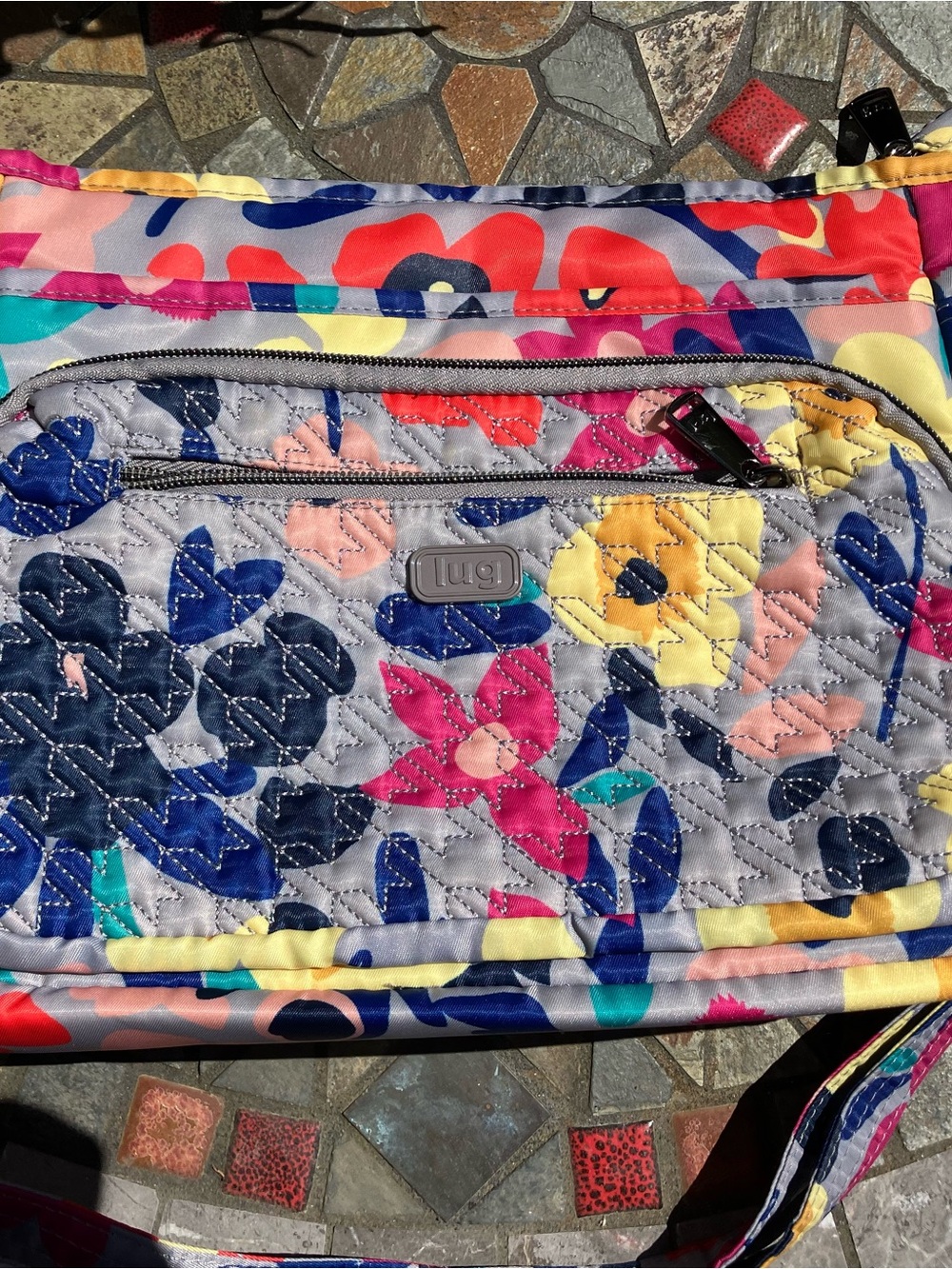 Lug Quilted Floral Crossbody Bag - Gray with Pink, Blue & Yellow shimmy style